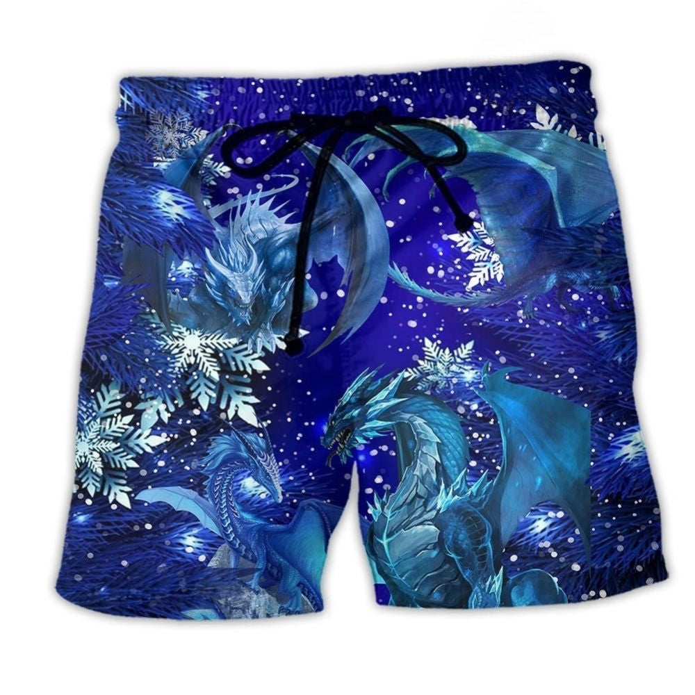 Christmas Dragon Blue Sky Art - Beach Short