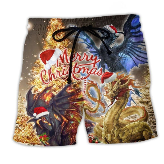 Christmas Dragon Gold Black Art - Beach Short