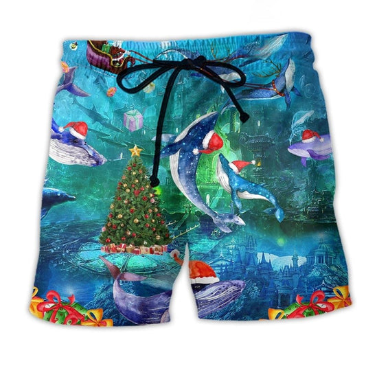 Christmas Whales Ocean Art - Beach Short