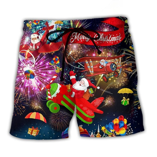 Christmas Santa Airplane Art - Beach Short