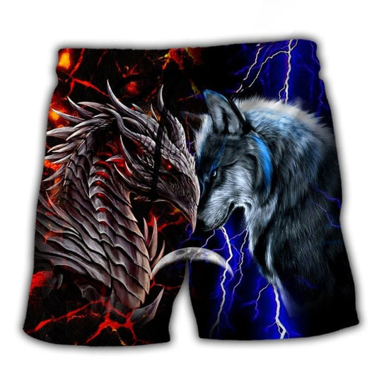 Dragon And Wolf Red Blue Art - Beach Short