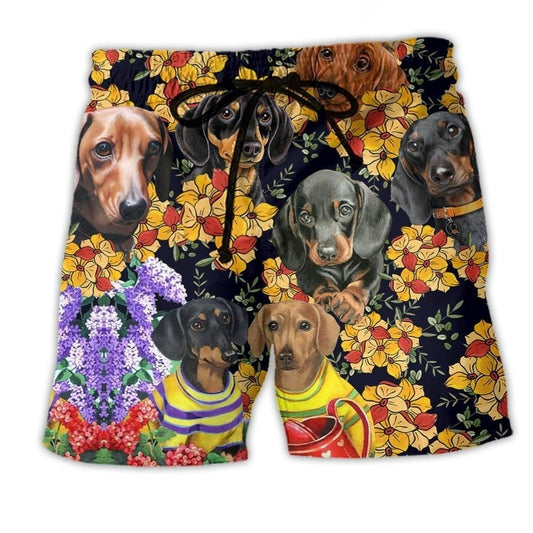 Dachshund With Flowers Cute Art – Beach Short