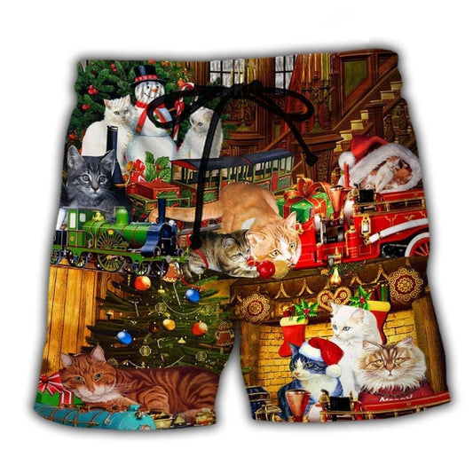Christmas Cat With Toy Train Art – Beach Short