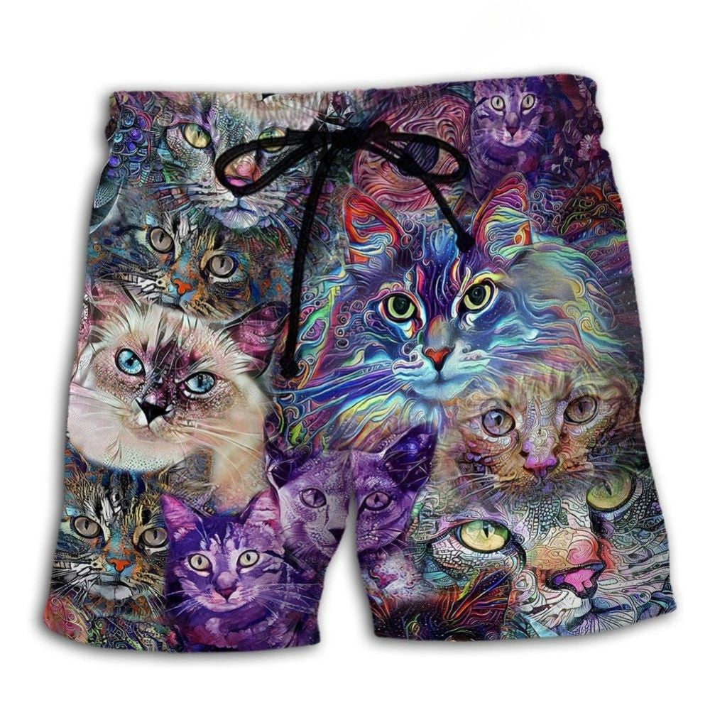 Psychedelic Purple Cat Art – Beach Short