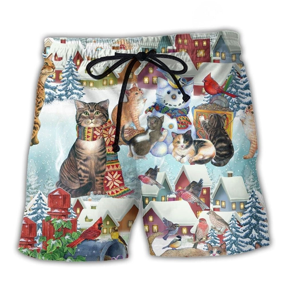 Winter Cat And Bird Snow Art – Beach Short