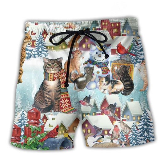 Winter Cat And Bird Snow Art – Beach Short