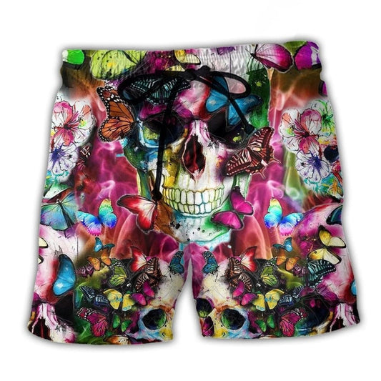 Skull Love Life Floral Art Style – Beach Short