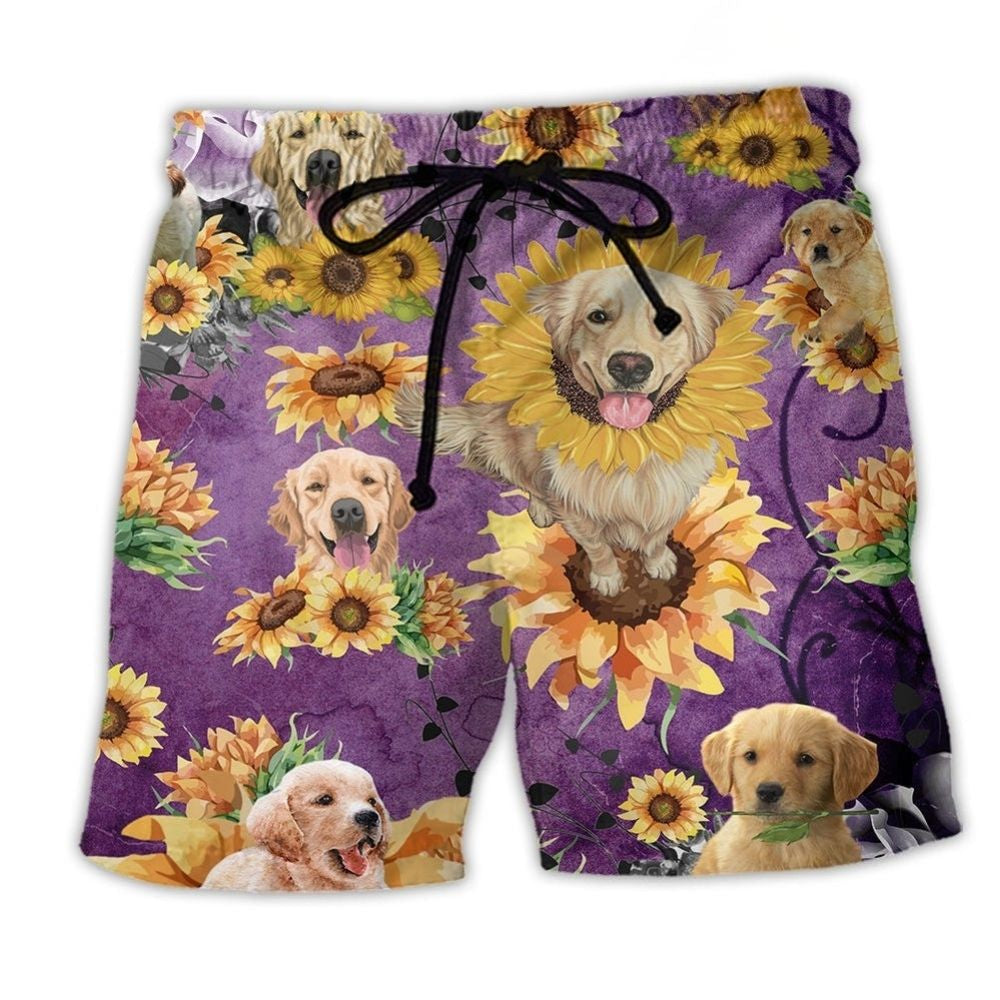 Golden Retriever Sunflower Purple Art – Beach Short