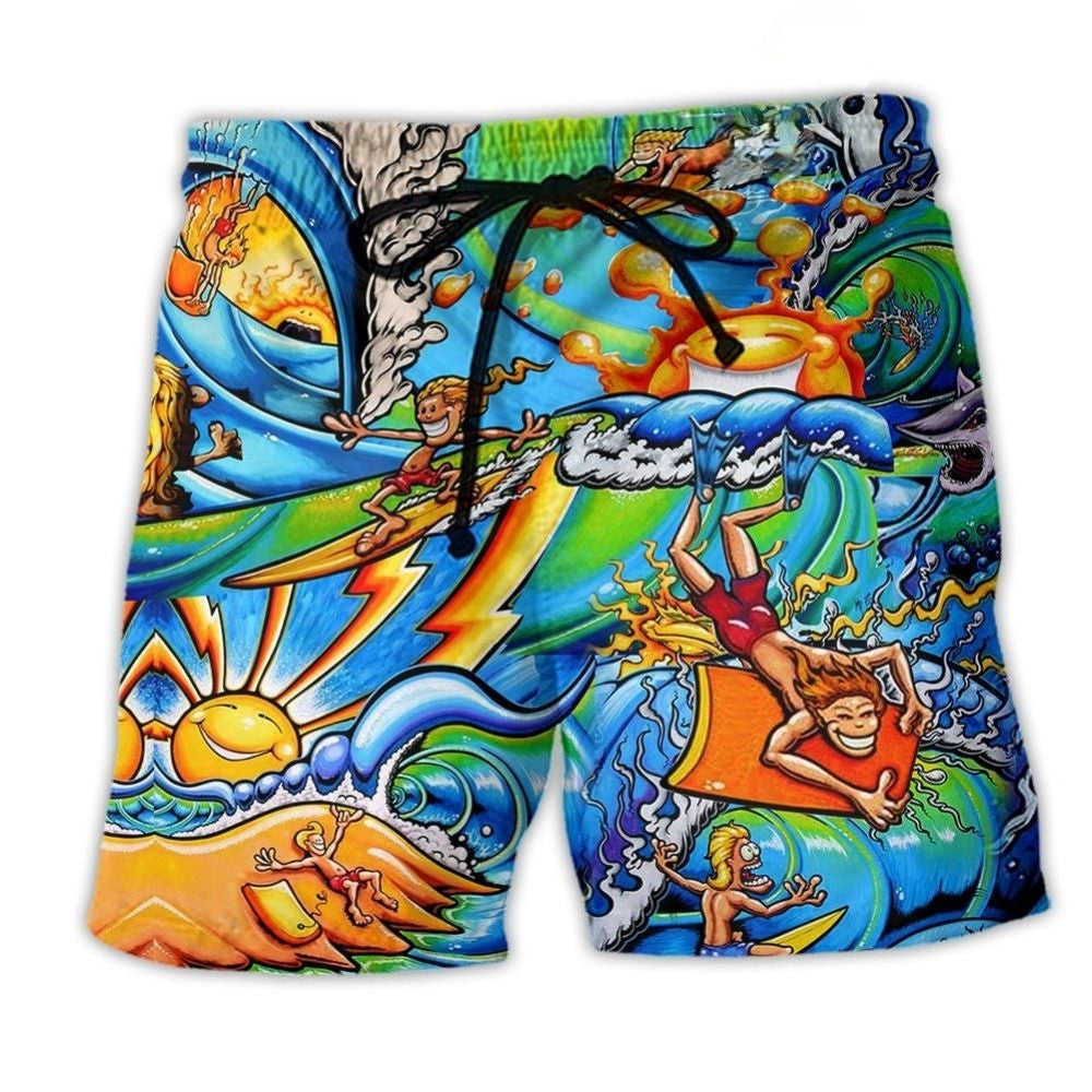 Happy Surfing Colorful Wave Art – Beach Short