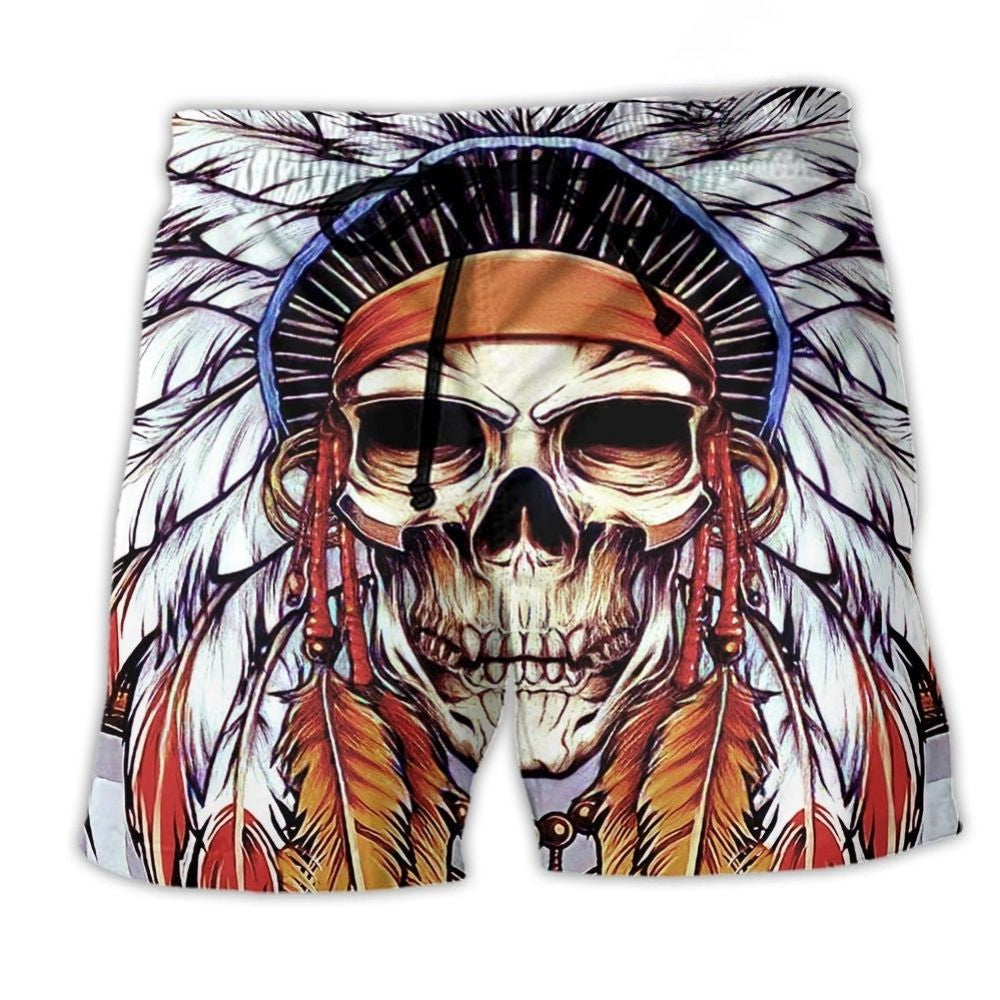Native Style Skull Feather Love Peace Art – Beach Short