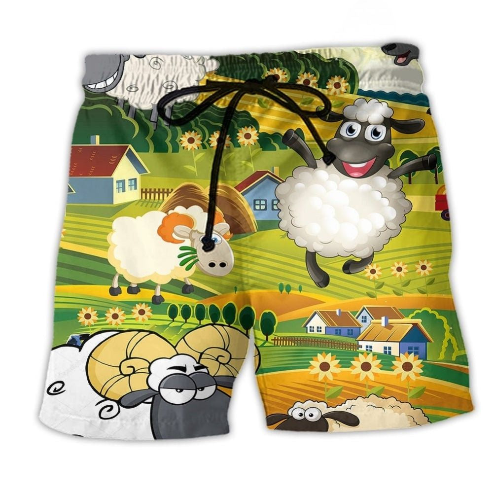 Sheep Happiness Peaceful Landscape Art – Beach Short