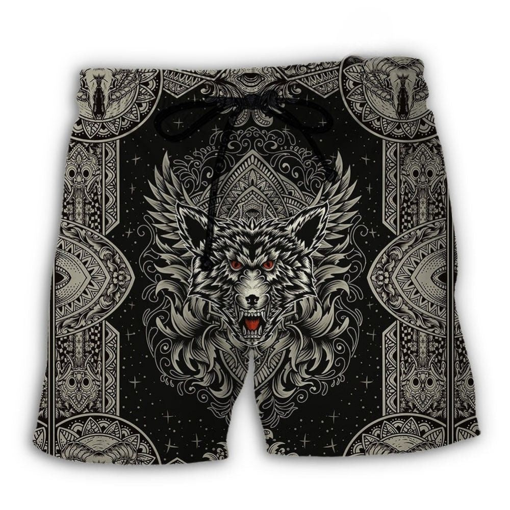 Minimal Wolf Line Dark Art – Beach Short