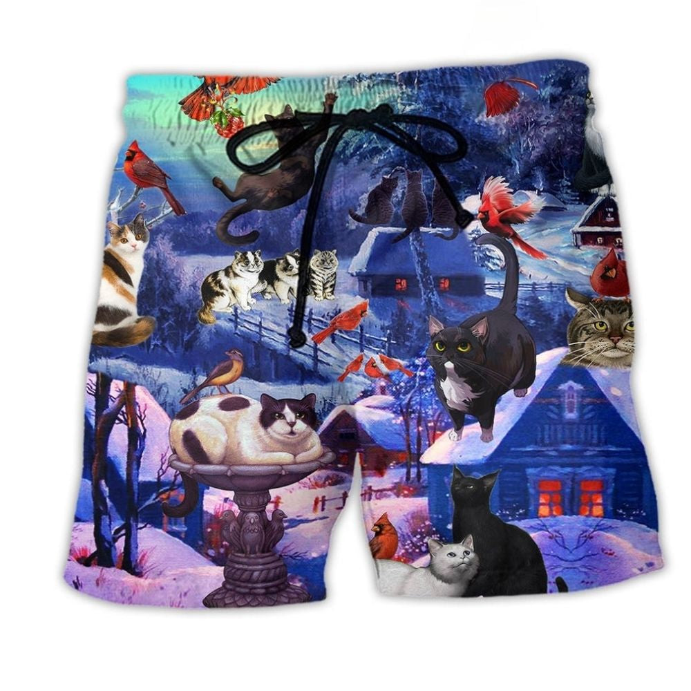 Cat Watching Cardinals Winter – Beach Short