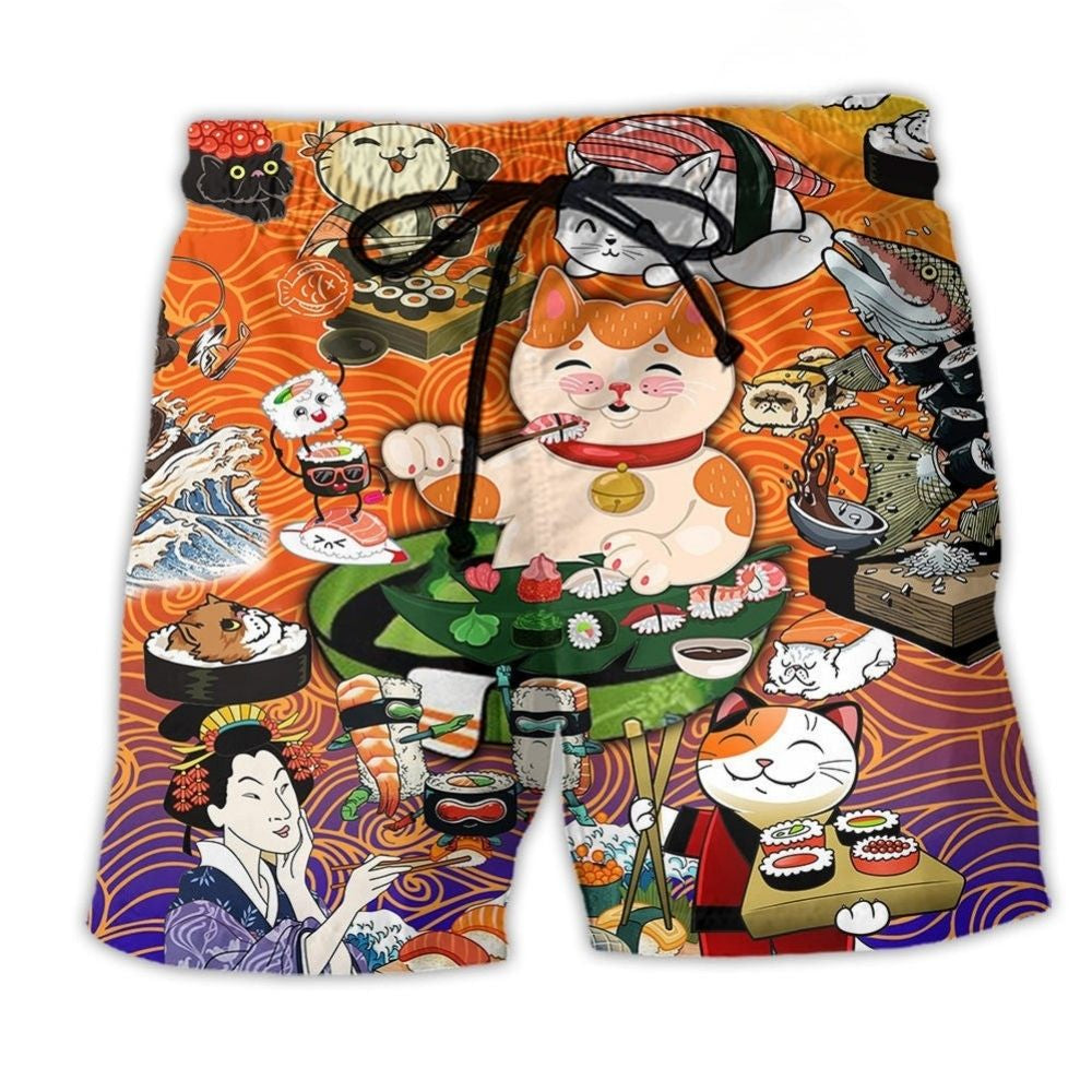 Cat Sushi Humor Art - Beach Short