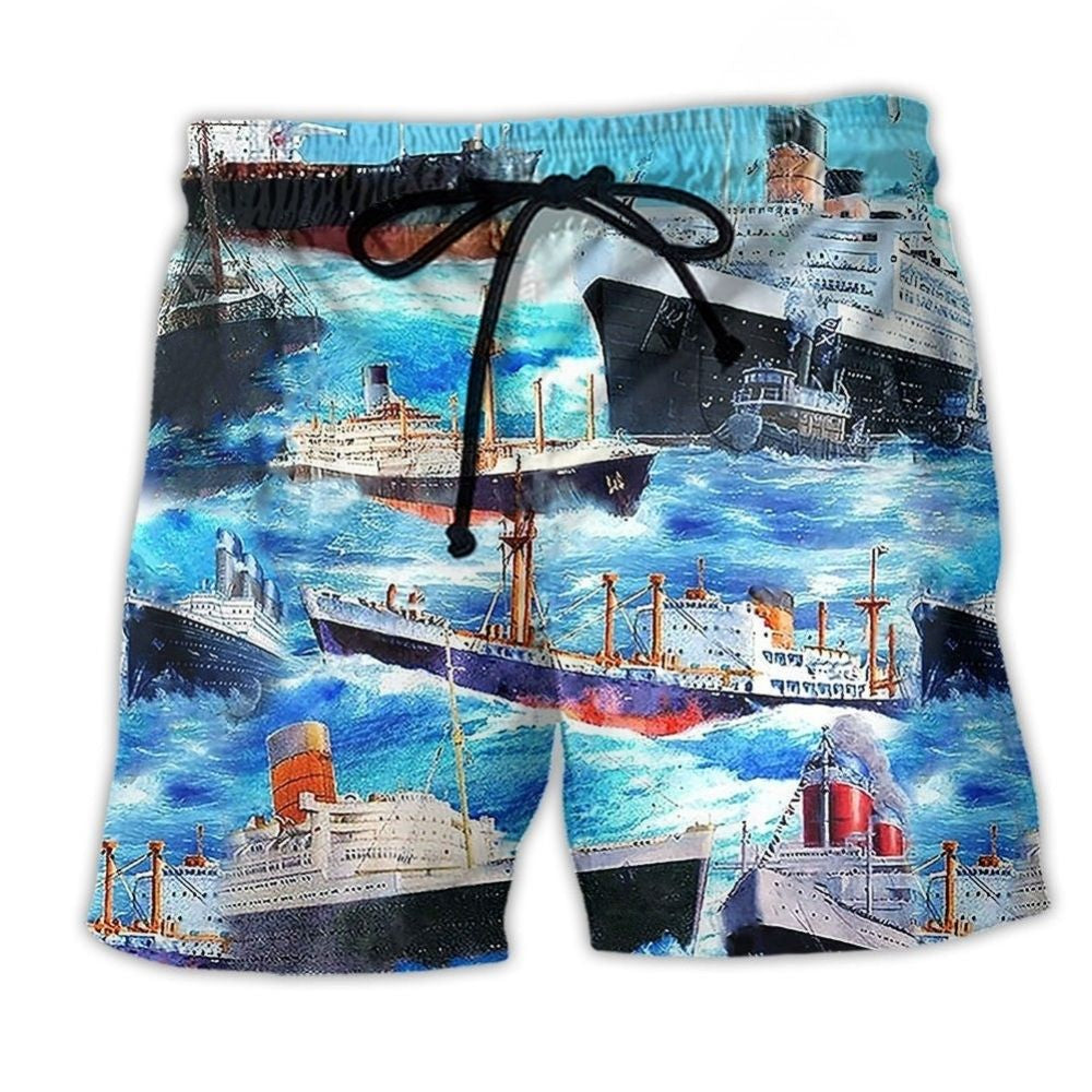 Cargo Ship Sailing Blue Sea – Beach Short