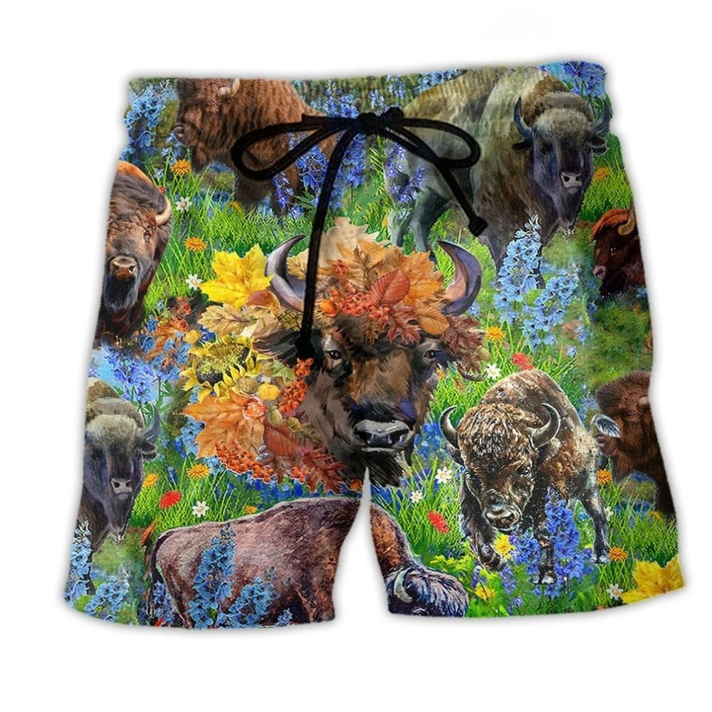 Buffalo Floral Field Animal Art - Beach Short