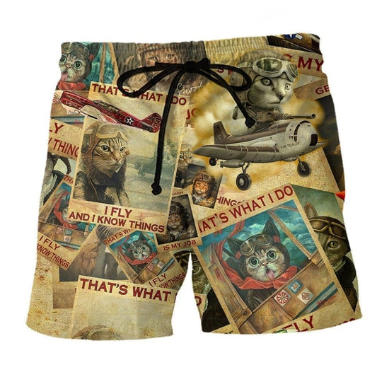 Cat Pilot Flying Cat Art - Beach Short
