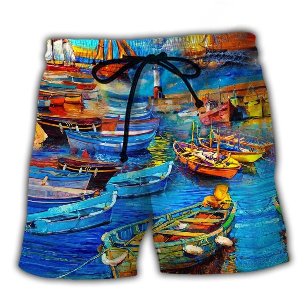 Harbor Boat Bygone Days Art - Beach Short