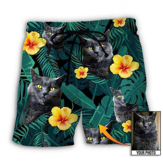 Black Cat Tropical Green Custom Photo – Beach Short