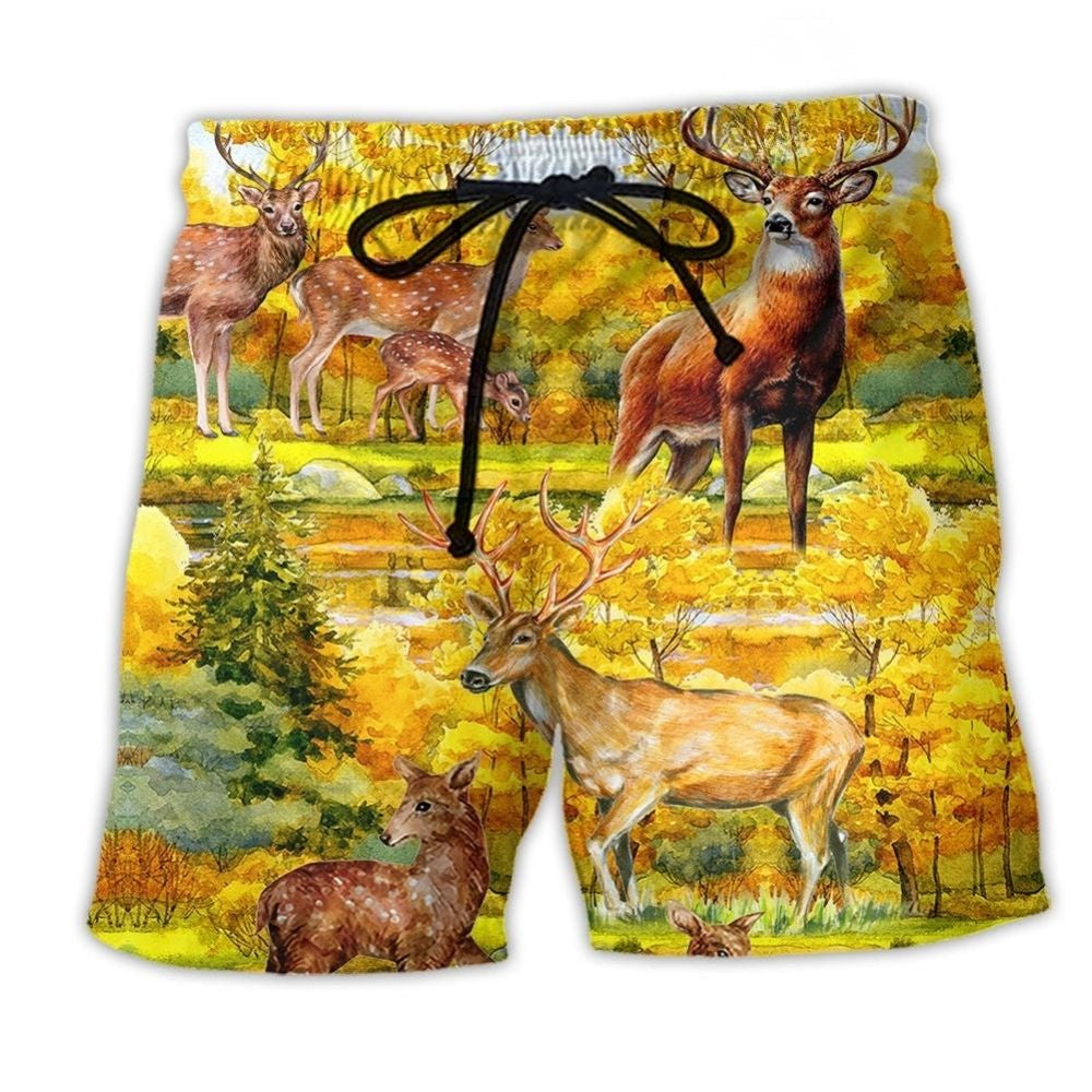 Autumn Deer Love Nature Art – Beach Short