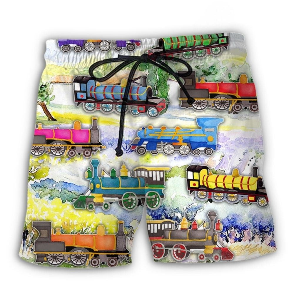 Train Watercolor Mountain Landscape Art – Beach Short