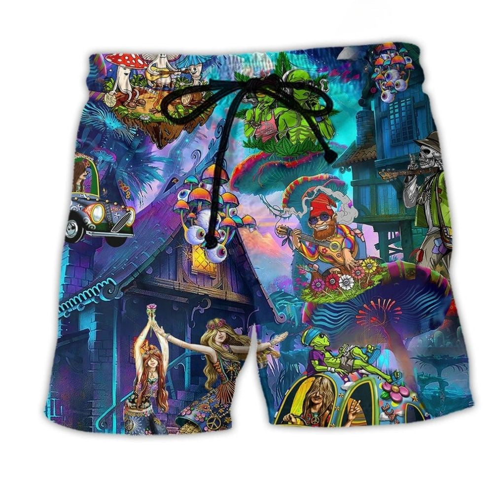 Hippie Alien Skull Mushroom Color Art - Beach Short
