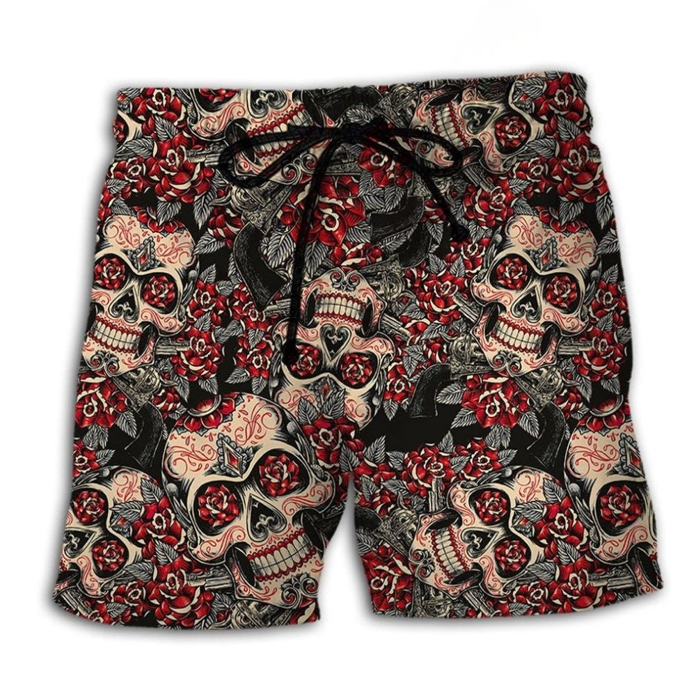 Red Floral Sugar Skull – Beach Short