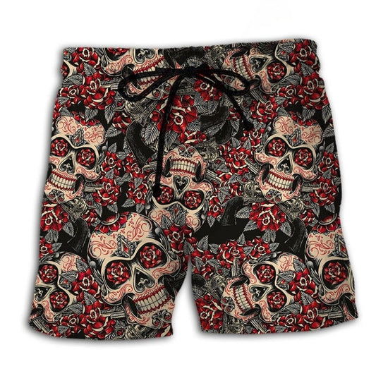 Red Floral Sugar Skull – Beach Short