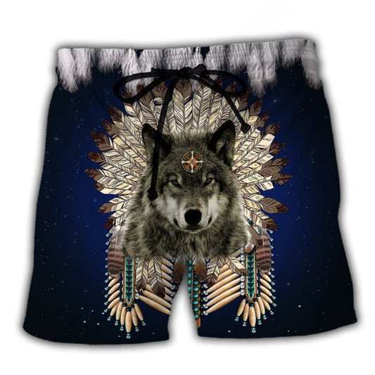 Native Wolf Feather Pattern Art – Beach Short