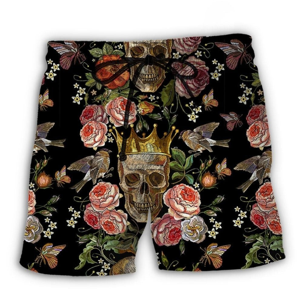 Skull And Flowers Artistic Contrast Art – Beach Short