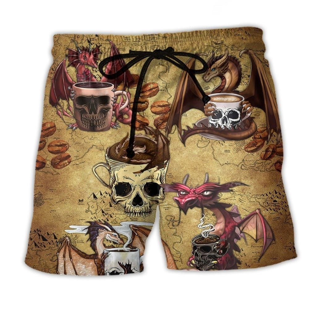 Dragon Coffee Skull Fantasy Art - Beach Short
