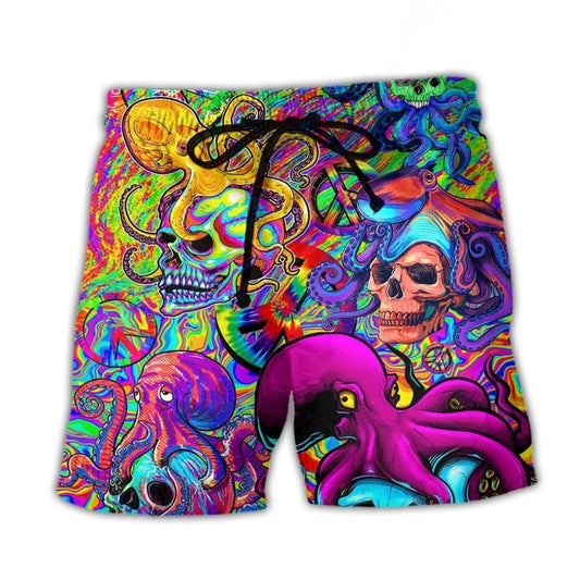 Colorful Hippie Skull Octopus Tie Dye - Beach Short