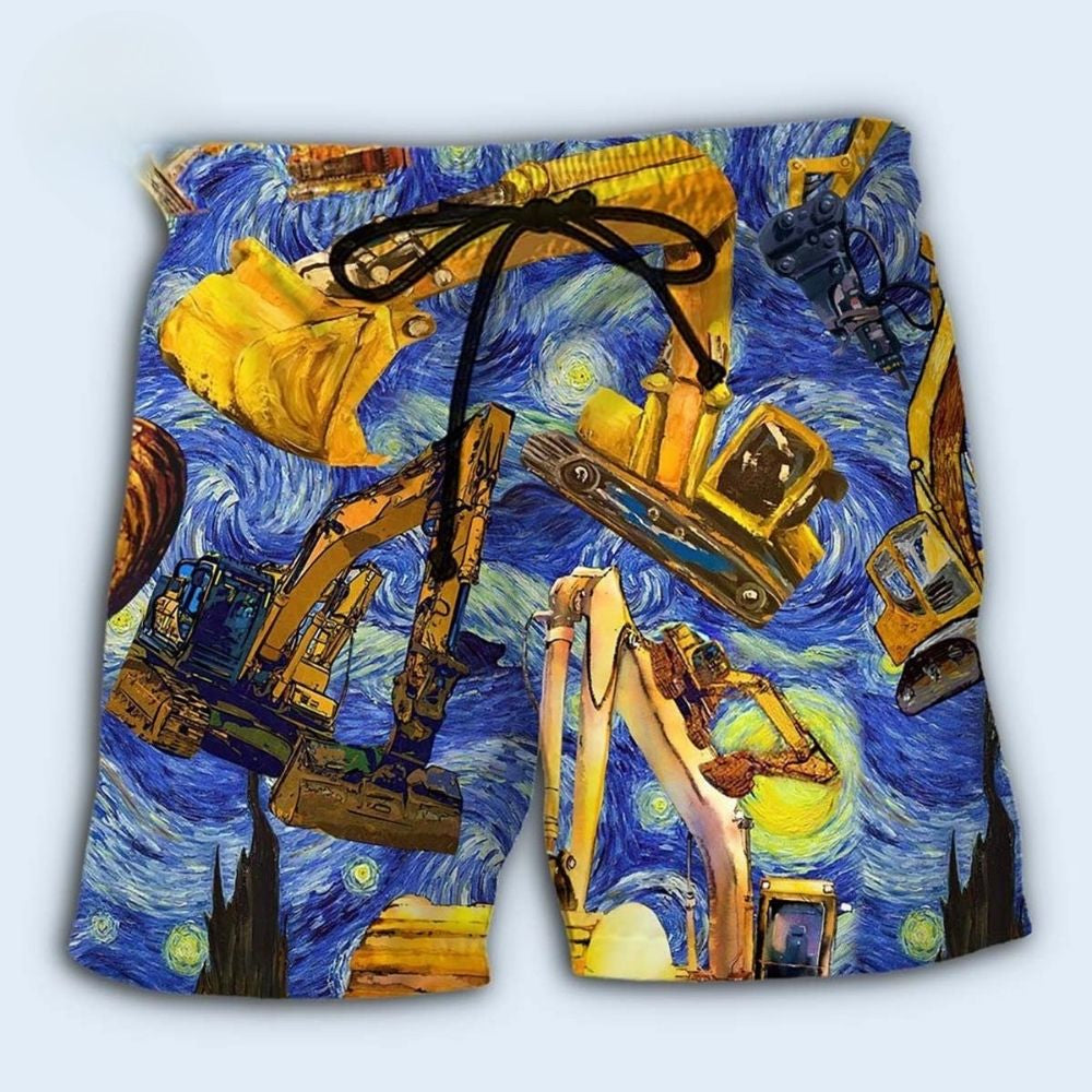 Excavator Funny Farewell Construction Art – Beach Short