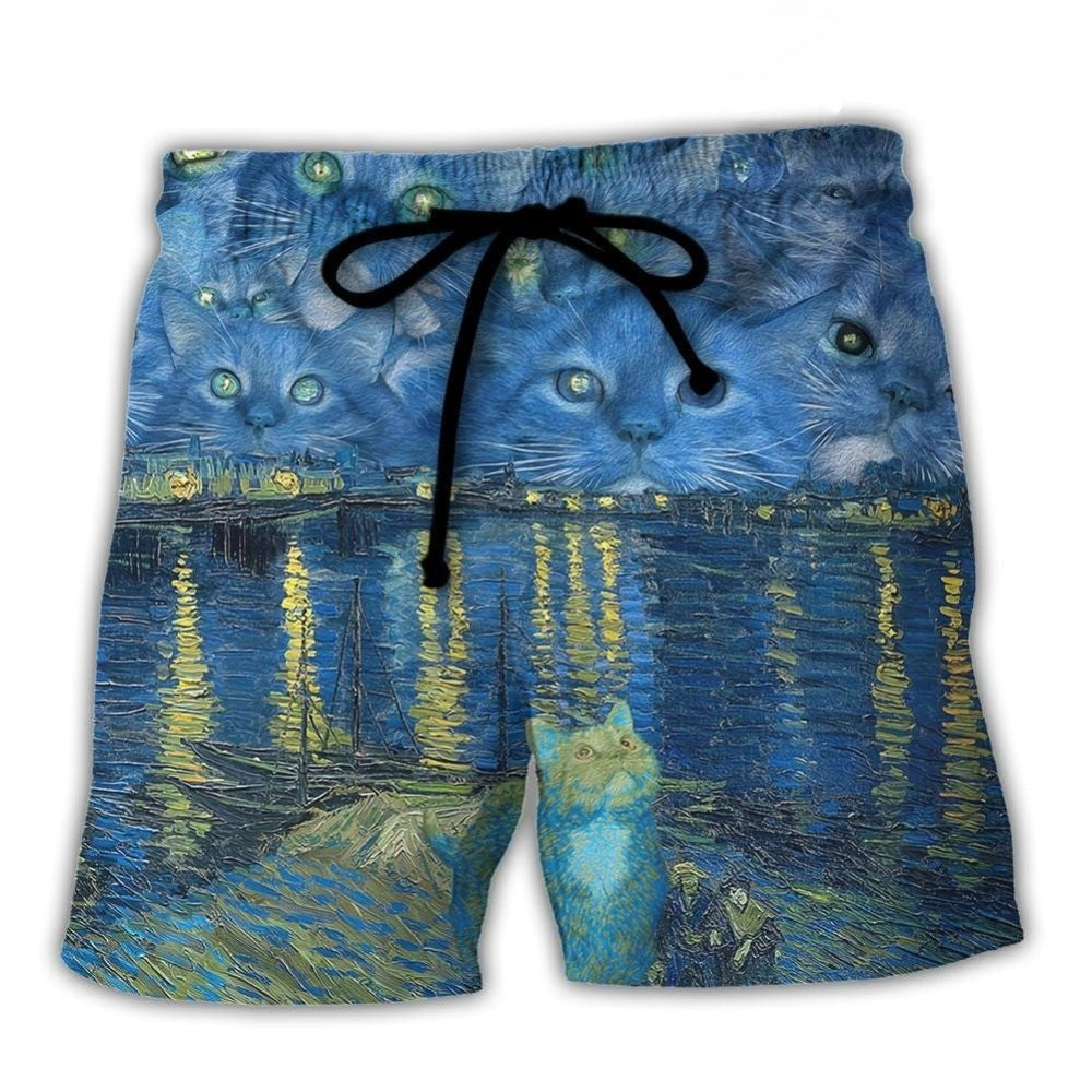Starry Night Cat Artistic Style - Beach Short