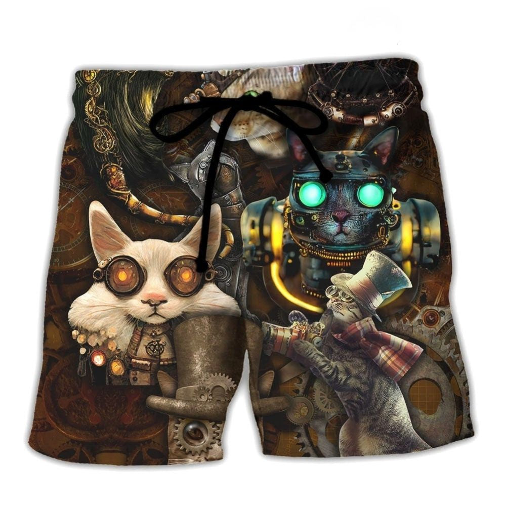 Steampunk Cat Heart Fantasy Art – Beach Short