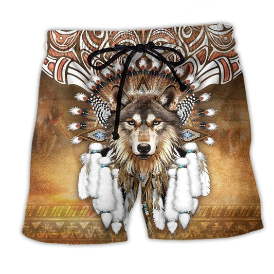 Native Wolf King Feather Art – Beach Short