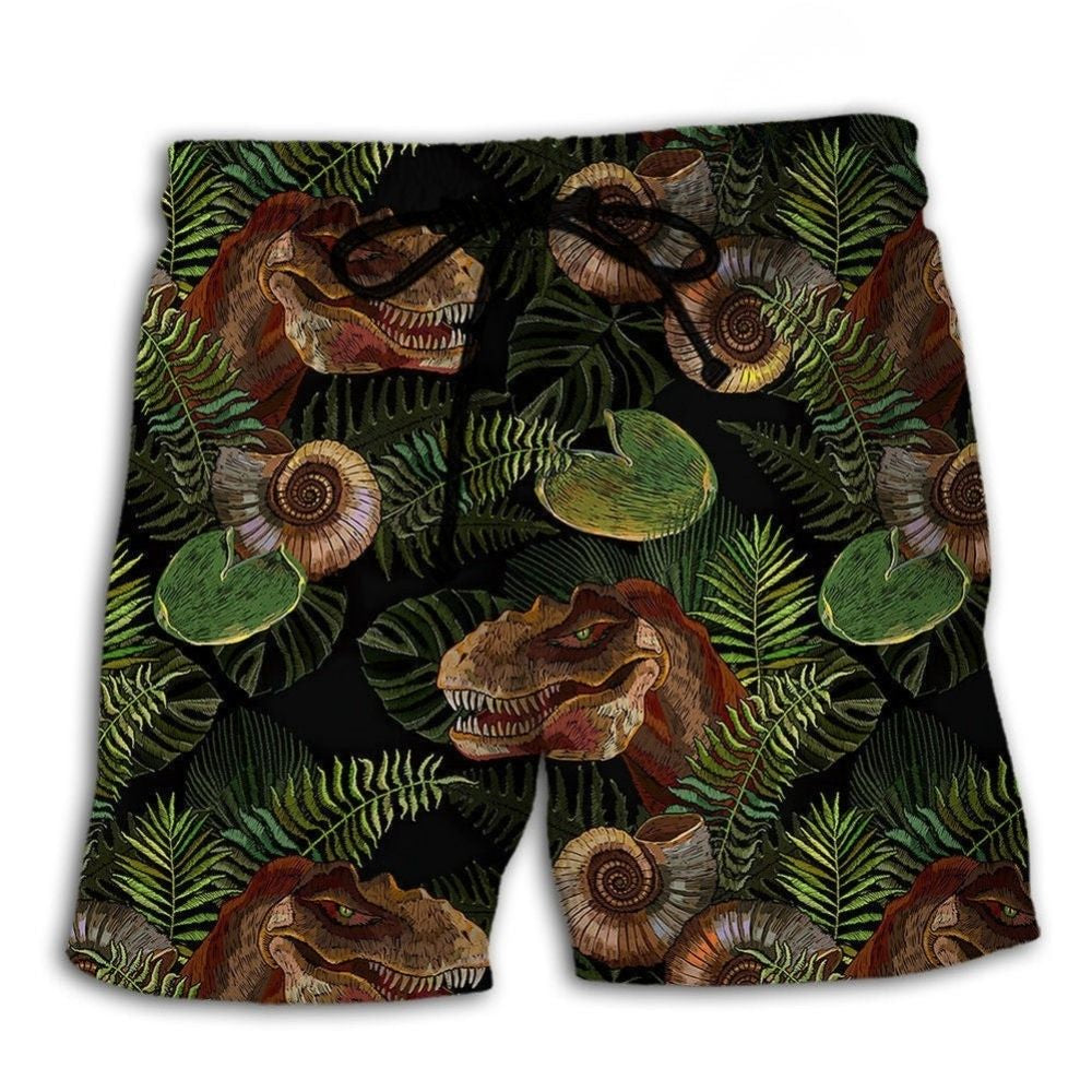 Dinosaur With Tropical Green Leaves – Beach Short