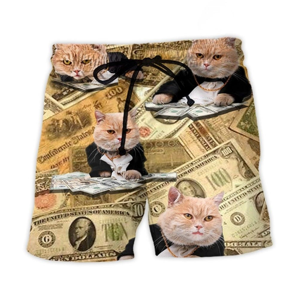 Vintage Money Cat Fun Illustration – Beach Short