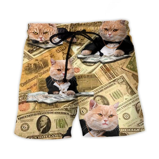 Vintage Money Cat Fun Illustration – Beach Short