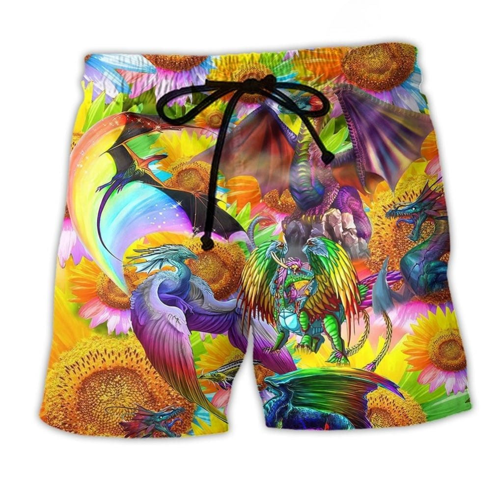 LGBT Pride Dragon Sunflower Positive Message Art – Beach Short