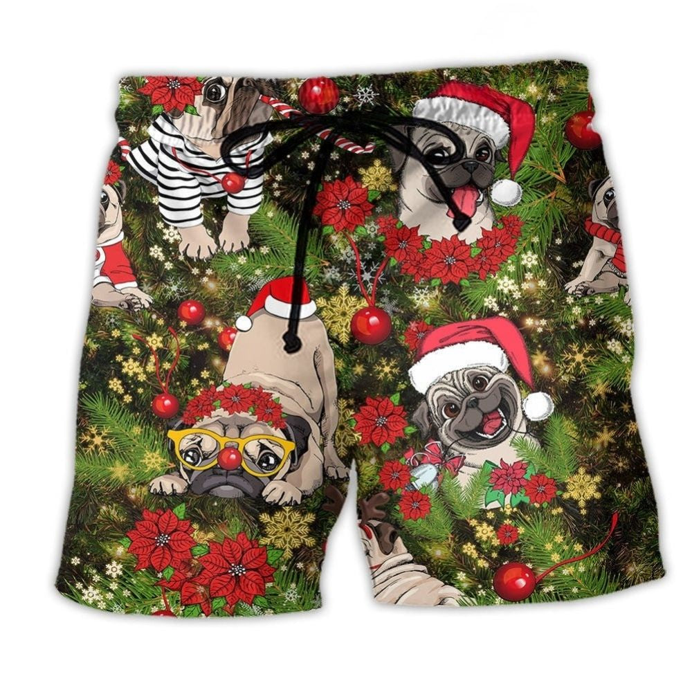 Pug Merry Christmas Cute - Beach Short