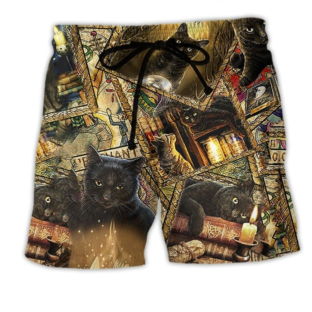 Black Cat Magic Retro Art Design – Beach Short