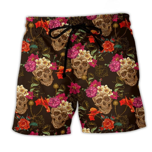 Sugar Skull With Flowers Vibrant Art – Beach Short