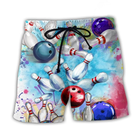 Colorful Bowling Ball And Pins Art – Beach Short