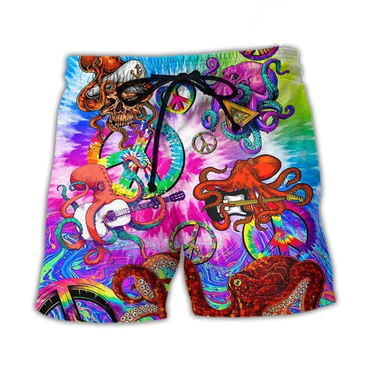 Hippie Funny Octopus Colorful Happy Tie Dye Art Style - Beach Short