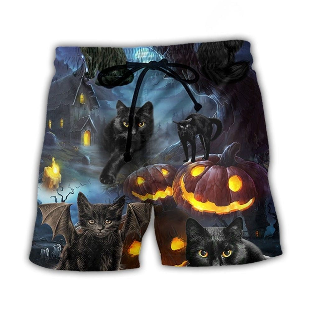 Halloween Black Cat Dark Night With Pumpkin – Beach Short