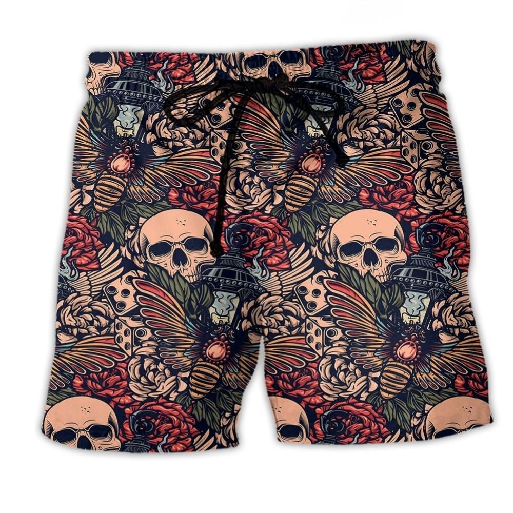 Floral Skull Tattoo Art - Beach Short