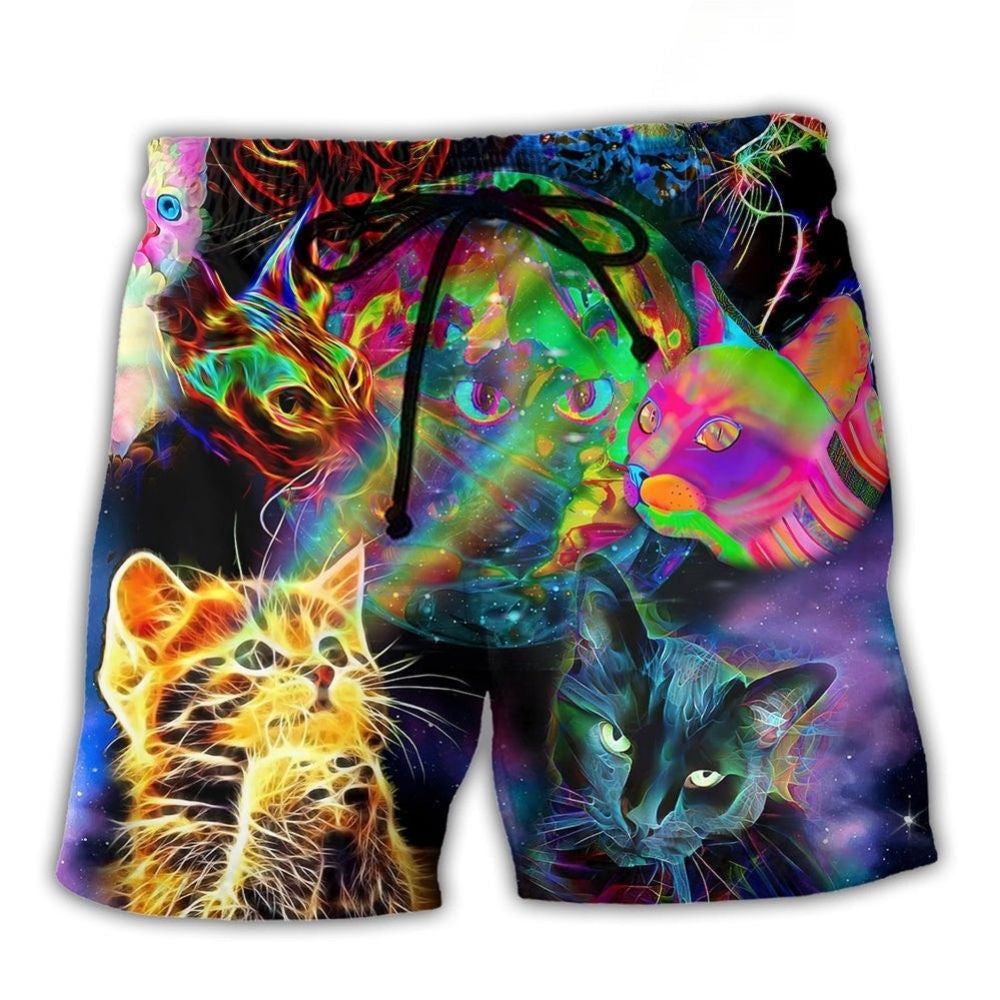 Psychedelic Cat Neon Galaxy Art – Beach Short