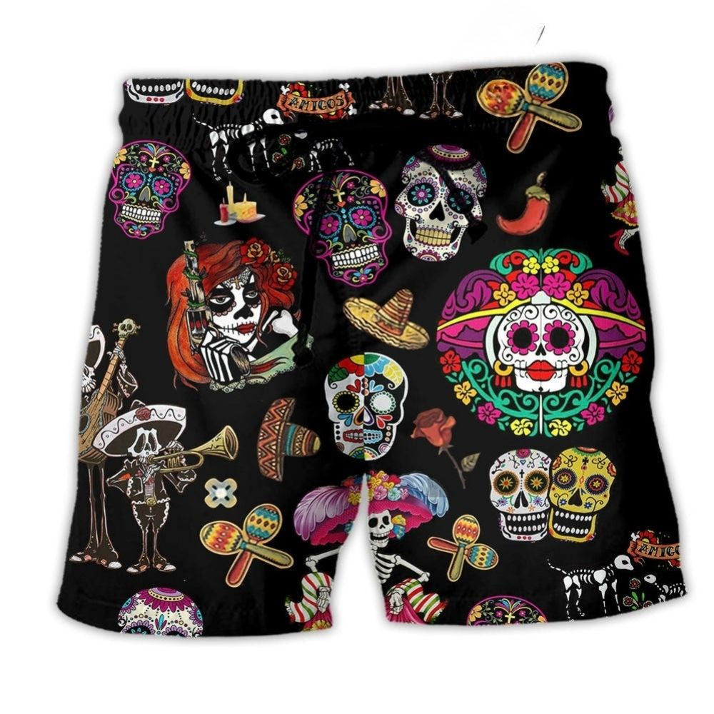 Sugar Skull Calavera Western Art Style – Beach Short