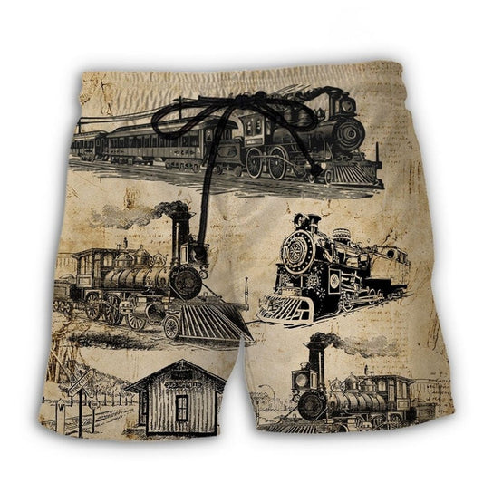 Train Vintage Art Sketch - Beach Short